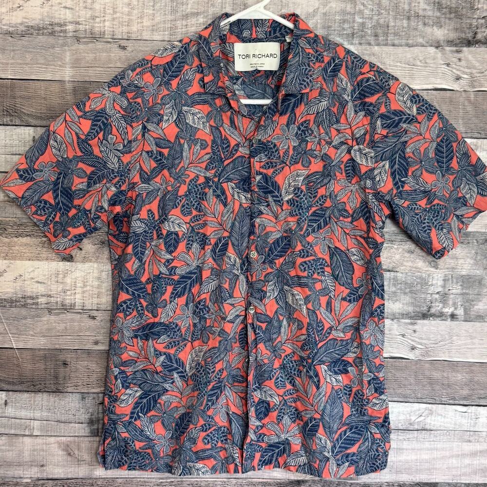 Tori Richard Naupaka Shorline Floral Lawn Shirt Hawaiian Mens Medium Red